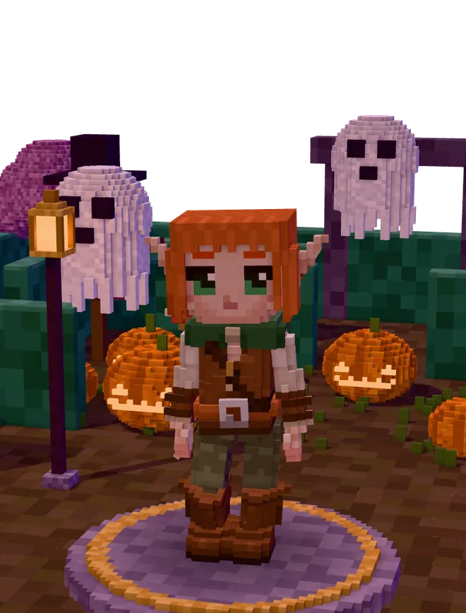 The same character in a hedge maze full of pumpkins and ghosts.