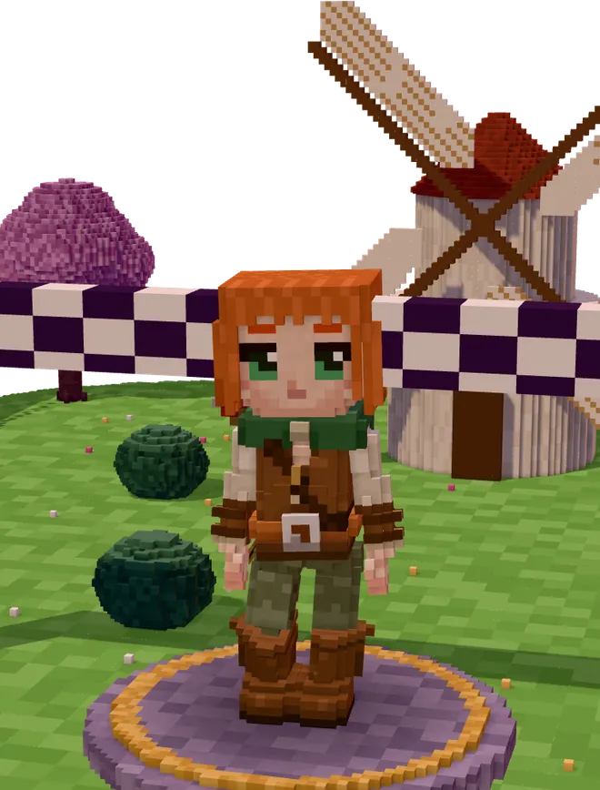 The same character on a floating island with a windmill and balloons.