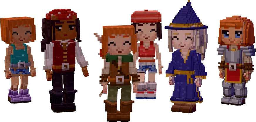 Six different voxel characters standing together in a group.