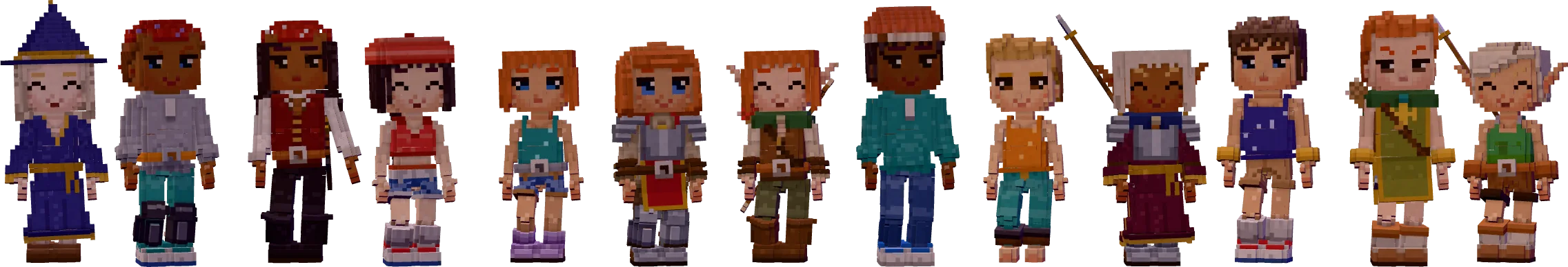 Thirteen different voxel characters standing in a row: mages, pirates, farmers and elves.