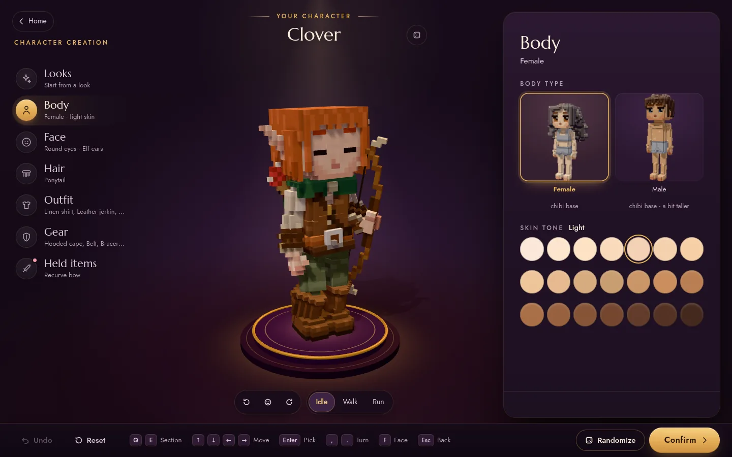 The character creator: a red-haired character on a pedestal, with panels for face, hair and outfit.