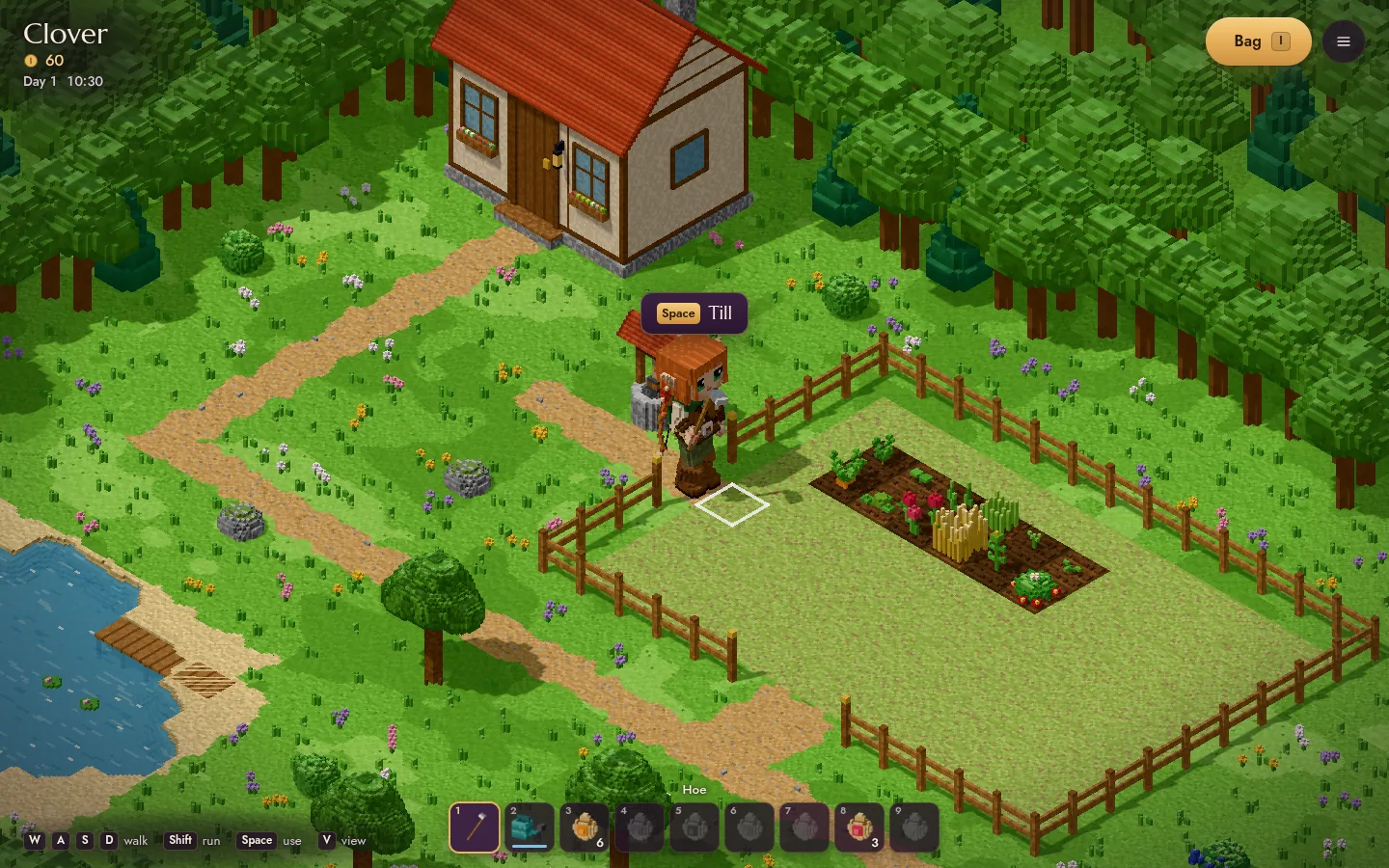 The farm game: the red-haired character in a meadow beside a fenced field, a lake and a cottage.