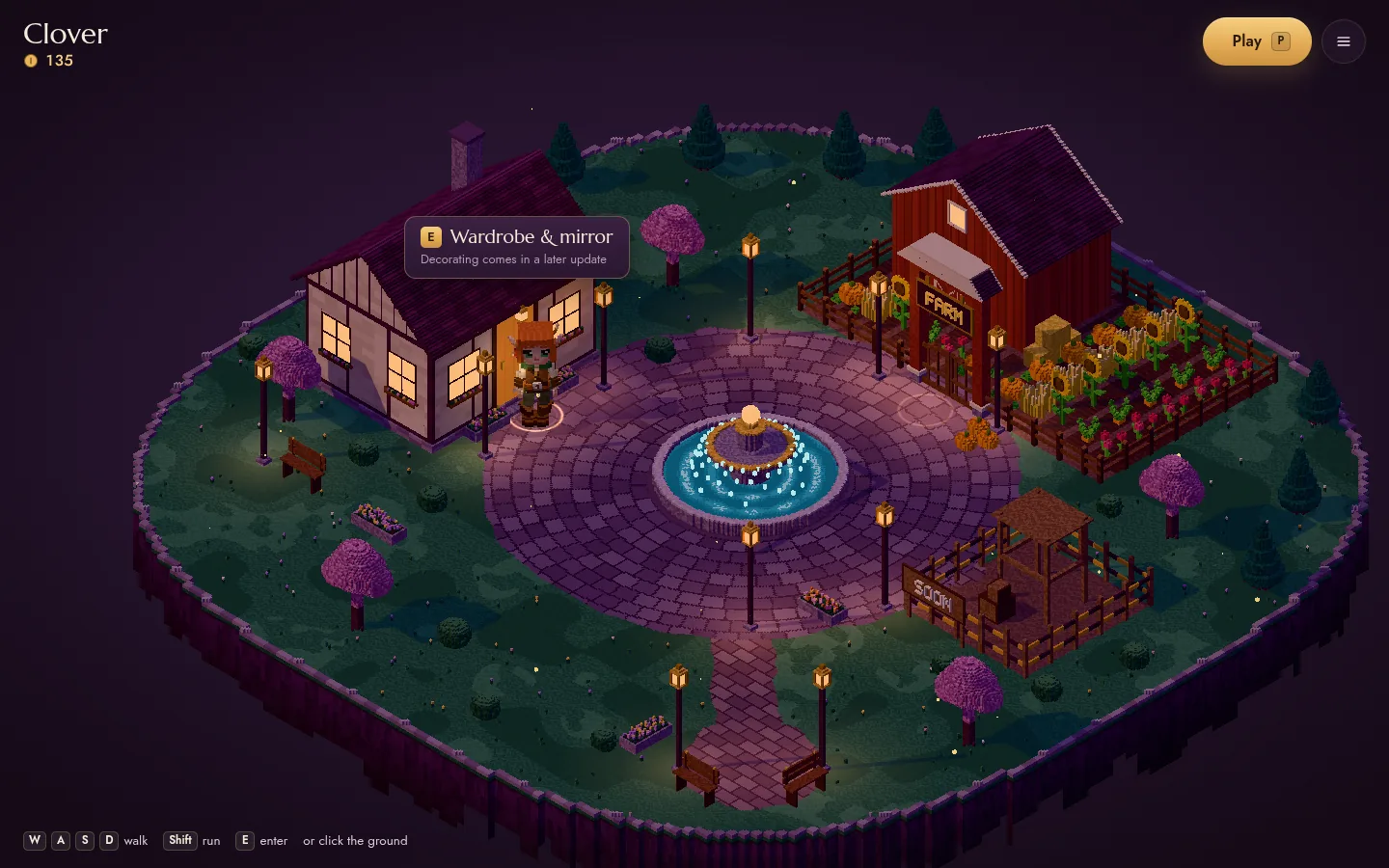 Home: a floating voxel plaza at dusk with a house, a barn, a fountain and lanterns.